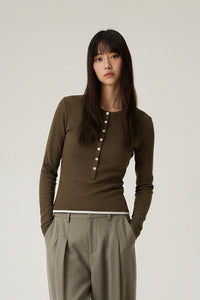 Women Slim Fit Henley Neck Long Sleeve T-Shirt - Tencel? Blend
