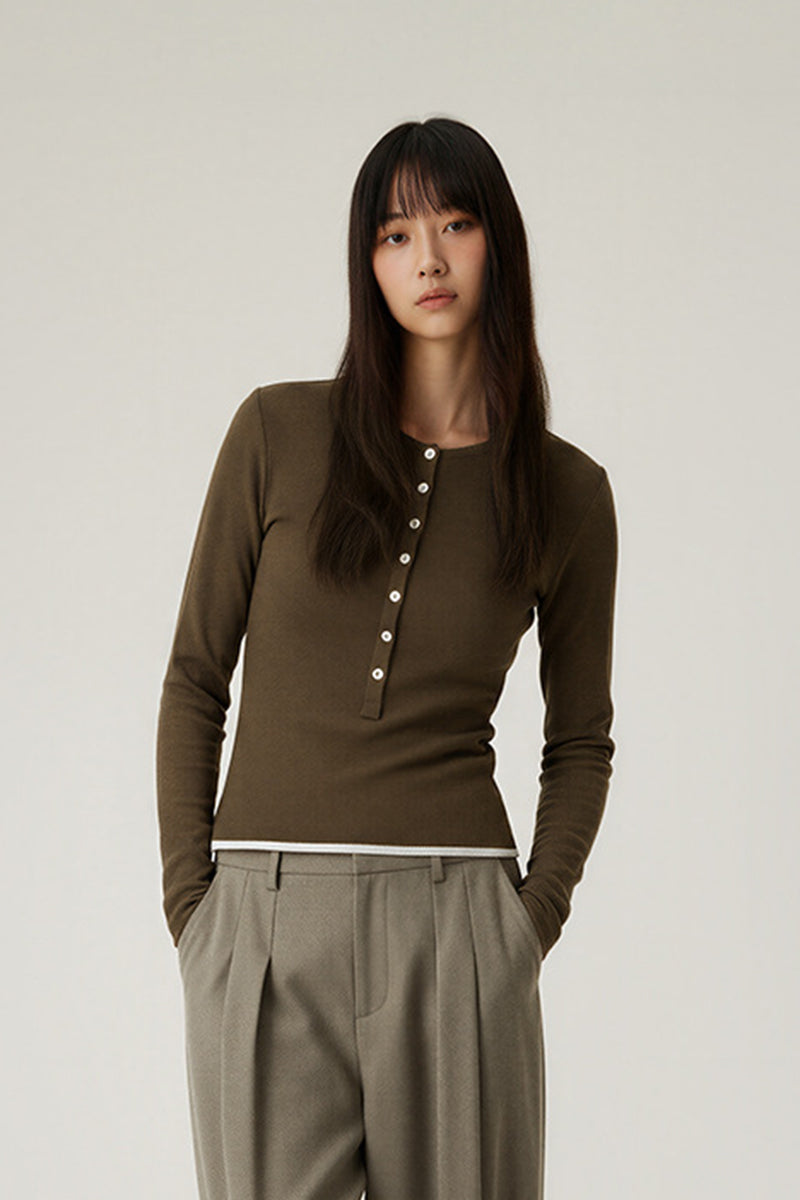 Women Slim Fit Henley Neck Long Sleeve T-Shirt - Tencel? Blend