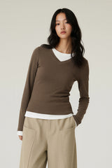 Women V-Neck Layered Slim-Fit Cashmere-Touch Long-Sleeve Knit Top