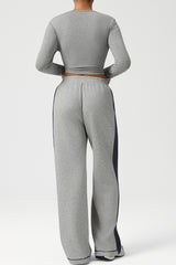 Women Color-Block Ribbed Lounge Set: Cropped Long-Sleeve Top + High-Waist Wide-Leg Pants
