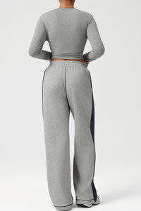 Women Color-Block Ribbed Lounge Set: Cropped Long-Sleeve Top + High-Waist Wide-Leg Pants