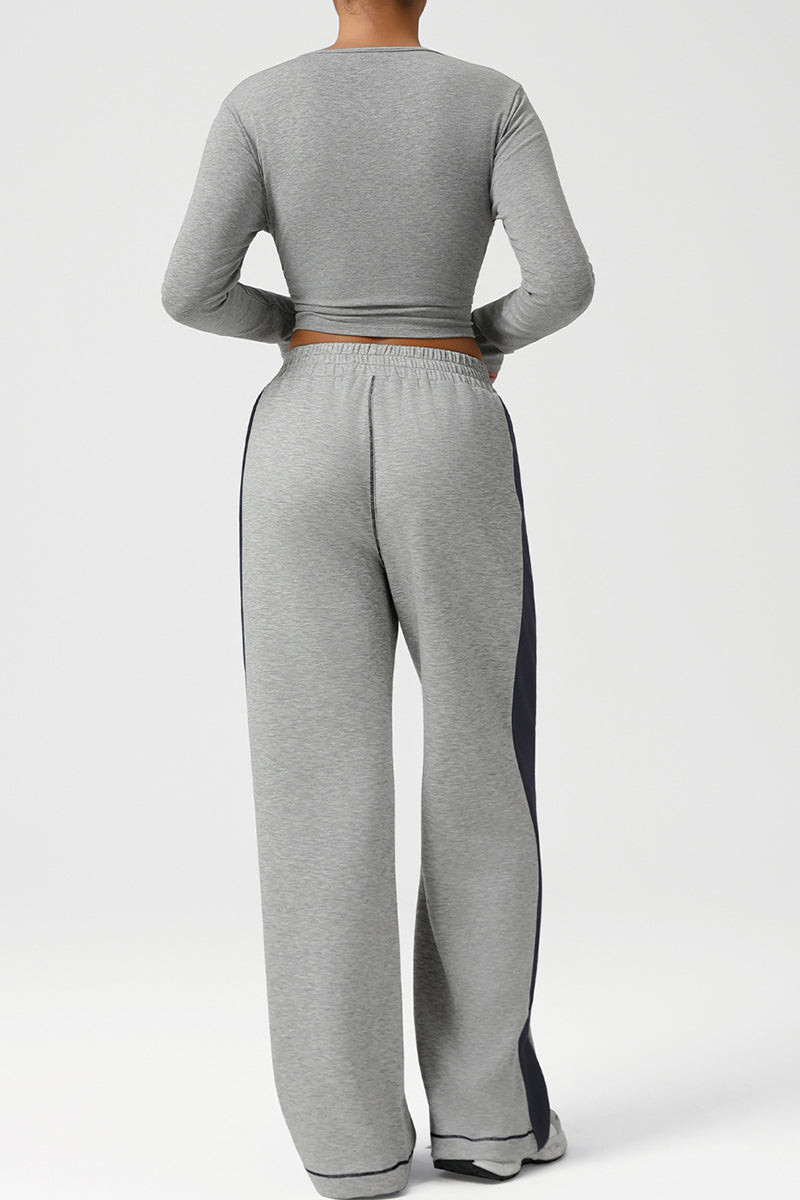 Women Color-Block Ribbed Lounge Set: Cropped Long-Sleeve Top + High-Waist Wide-Leg Pants
