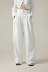 Women High-Waisted Wide-Leg Pleated Trousers - British Twill Cotton