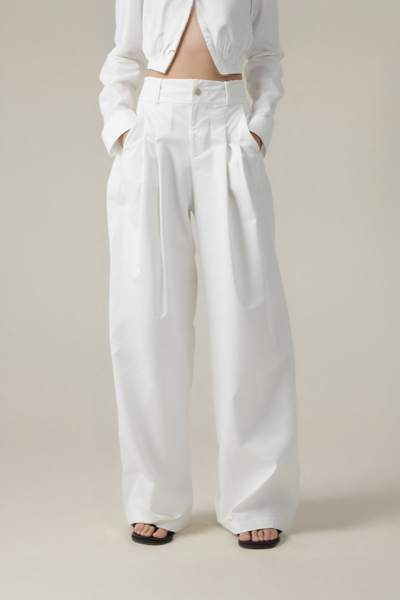 Women High-Waisted Wide-Leg Pleated Trousers - British Twill Cotton