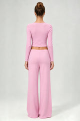 Women's Casual Top And Low-Rise Flowy Wide-Leg Pants Set