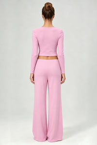 Women's Casual Top And Low-Rise Flowy Wide-Leg Pants Set