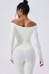 Women Off-Shoulder High-Waist Quick-Dry Yoga Set: Long Sleeve Top + Leggings