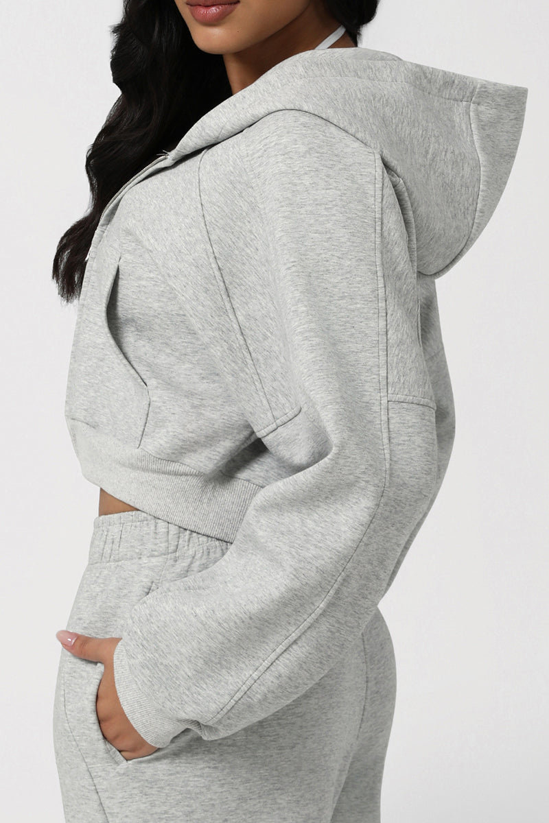 Women Cropped Hooded Zip-Up Casual Sportswear Jacket