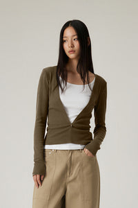 Women V-Neck Tencel-Wool Soft Stretch Relaxed-Fit Long-Sleeve Knit Top