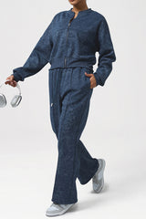 Women Retro Print Sport Set: Stand Collar Zip Jacket + High-Waist Drawstring Pants