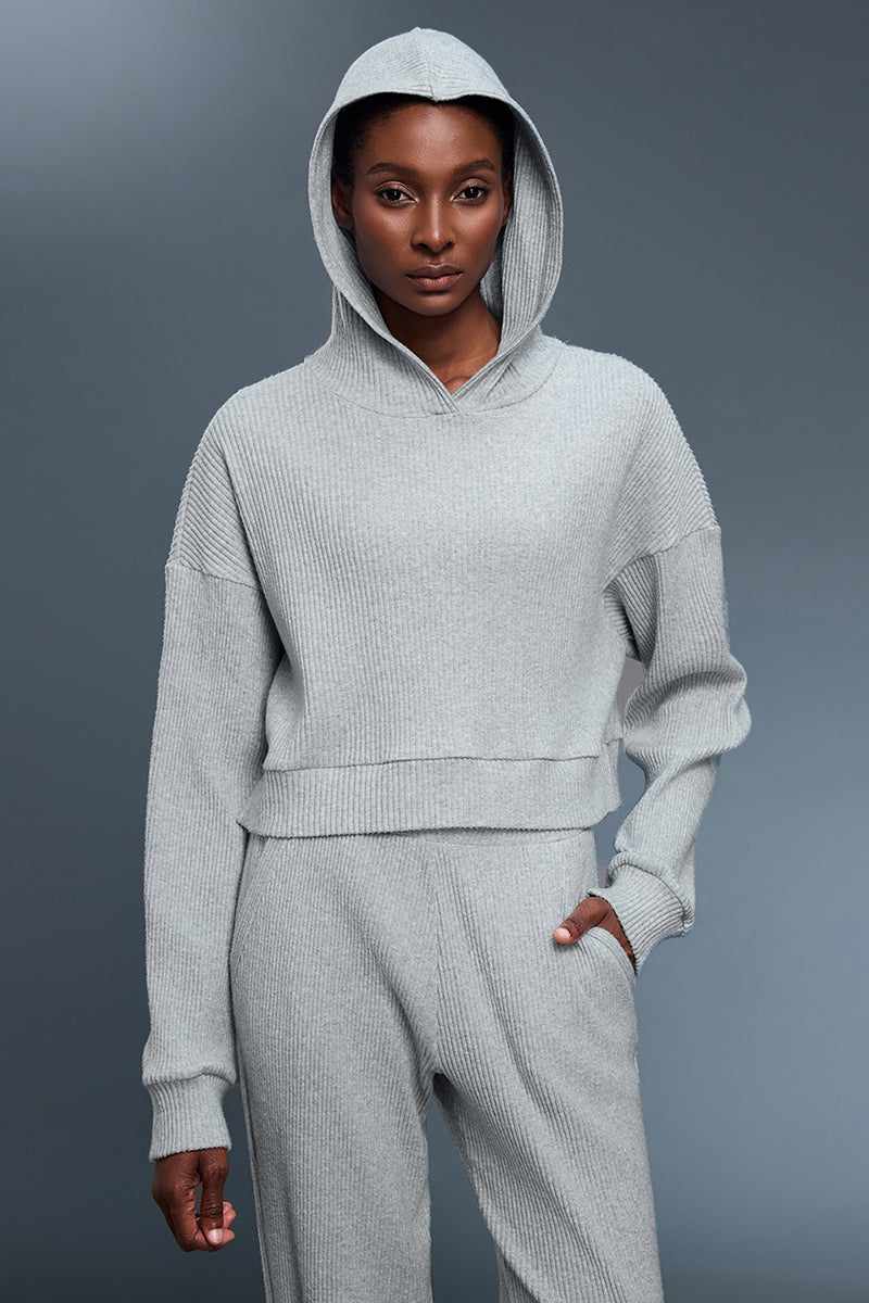 Women Oversized Letter-Striped Knit Hooded Casual Sportswear Sweatshirt