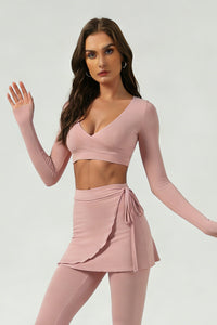 Women's Cross V-Neck Long Sleeve Side Tie Yoga Set - Solid