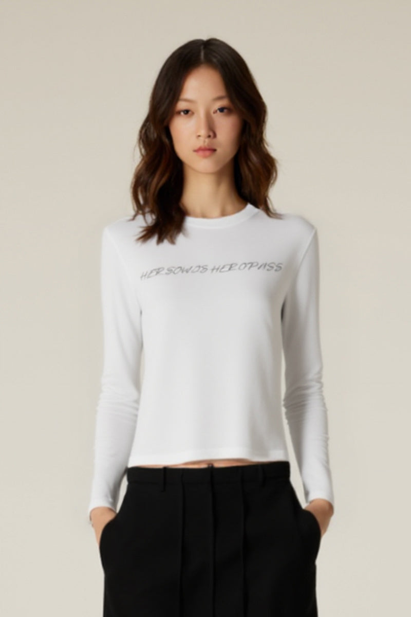 Women Round-Neck Modal-Blend Slim-Fit Printed Short Long-Sleeve Top