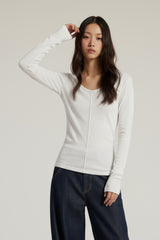 Women V-Neck Tencel-Wool Soft Stretch Relaxed-Fit Long-Sleeve T-Shirt