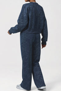 Women Retro Print Sport Set: Stand Collar Zip Jacket + High-Waist Drawstring Pants