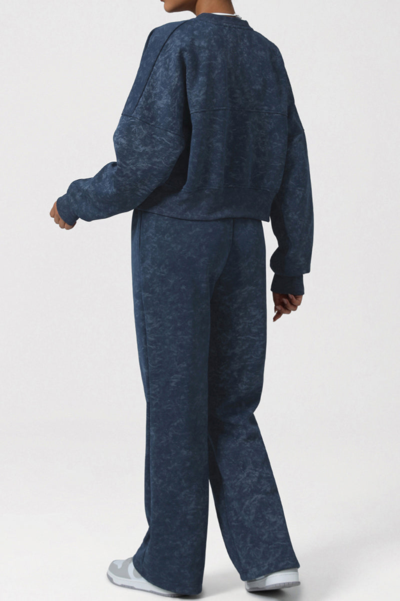 Women Retro Print Sport Set: Stand Collar Zip Jacket + High-Waist Drawstring Pants