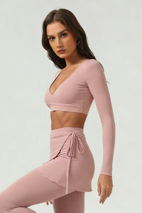 Women's Cross V-Neck Long Sleeve Side Tie Yoga Set - Solid