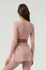 Women's Cross V-Neck Long Sleeve Side Tie Yoga Set - Solid