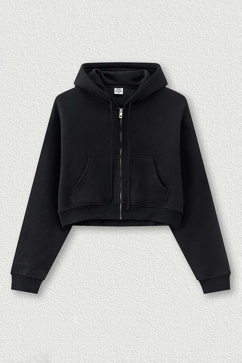 Loose cropped zip-up hooded jacket