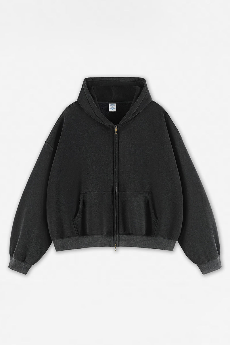Unisex Boxy Heavyweight Washed Brushed Zip Hoodie