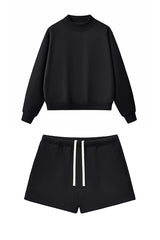 Women Loose Set:Mock Neck Sweatshirt + Shorts