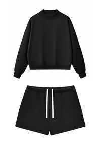 Women Loose Set:Mock Neck Sweatshirt + Shorts
