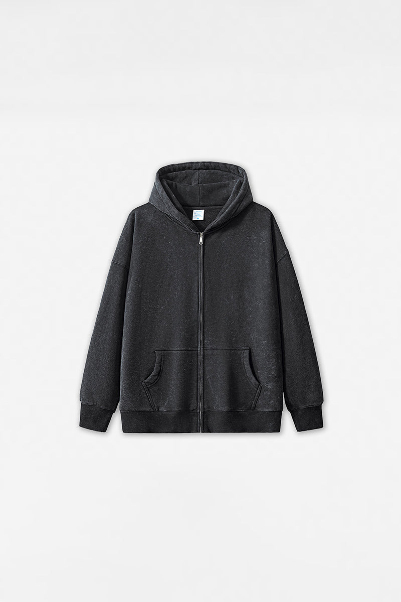 Unisex Washed Fleece Double-Zip Hooded Jacket