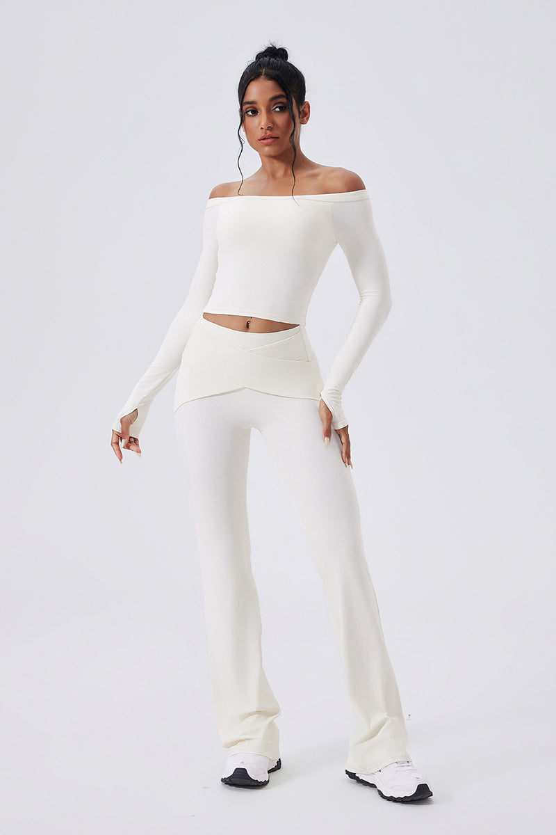 Women Off-Shoulder High-Waist Quick-Dry Yoga Set: Long Sleeve Top + Leggings