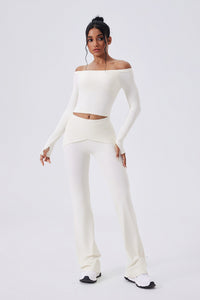 Women Off-Shoulder High-Waist Quick-Dry Yoga Set: Long Sleeve Top + Leggings
