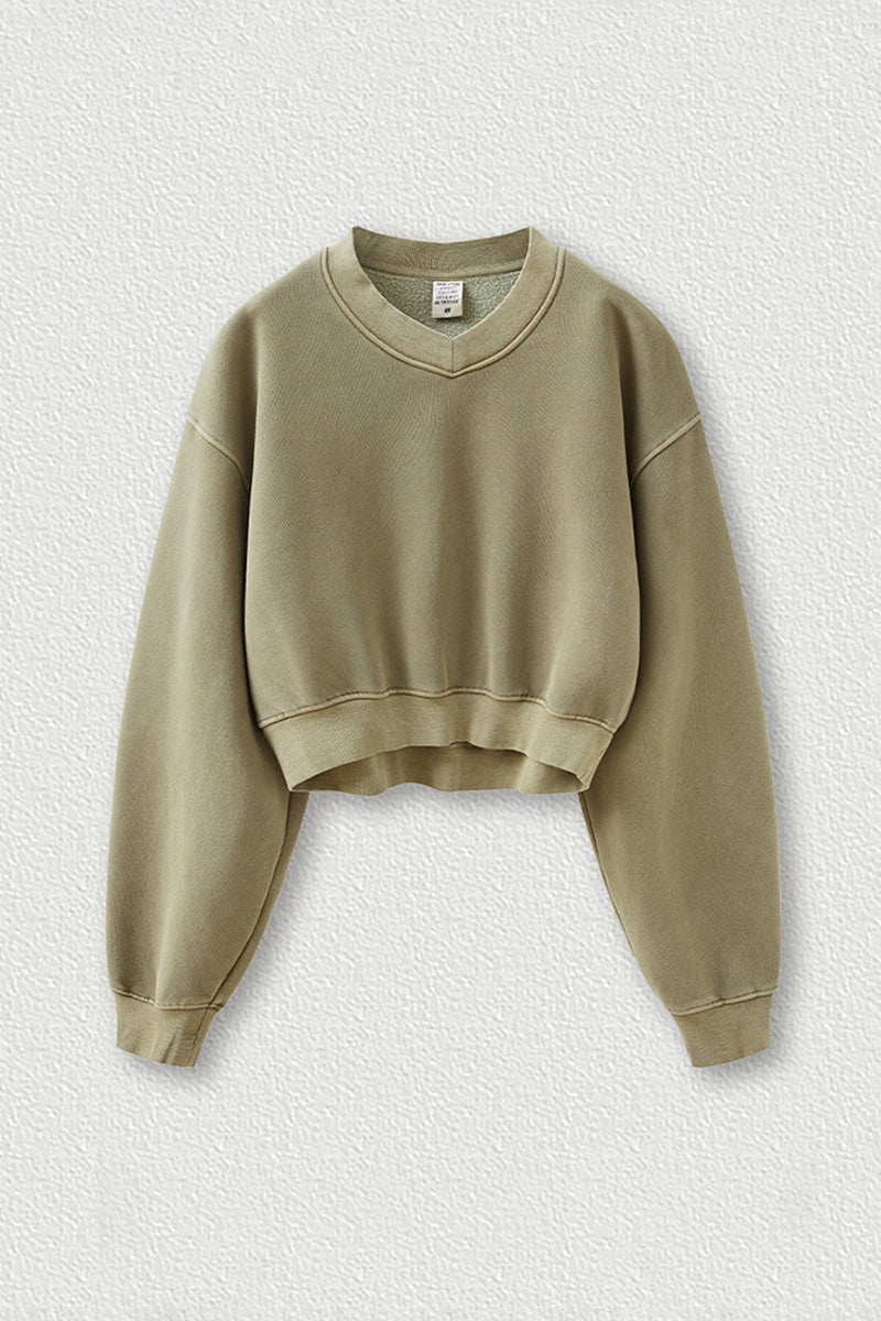 Women's washed velvet V-neck cropped sweatshirt