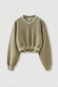 Women's washed velvet V-neck cropped sweatshirt