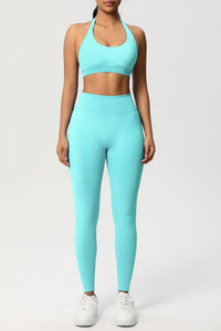 Women Seamless Knit Yoga Set: Halter Back Sports Bra + Sculpting Leggings