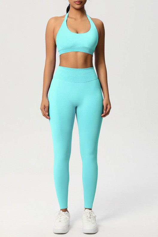 Women Seamless Knit Yoga Set: Halter Back Sports Bra + Sculpting Leggings