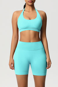 Women Halter Neck Yoga Set: High-Waisted Sculpting Shorts + Backless Sports Bra