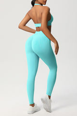 Women Seamless Knit Yoga Set: Halter Back Sports Bra + Sculpting Leggings