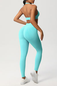 Women Seamless Knit Yoga Set: Halter Back Sports Bra + Sculpting Leggings