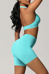 Women Halter Neck Yoga Set: High-Waisted Sculpting Shorts + Backless Sports Bra