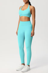 Women Seamless Knit Yoga Set: Halter Back Sports Bra + Sculpting Leggings
