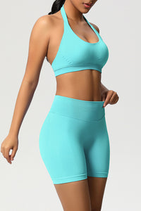 Women Halter Neck Yoga Set: High-Waisted Sculpting Shorts + Backless Sports Bra