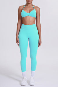 Women Seamless Yoga Set: High-Waisted Sculpting Leggings + Halter Neck Sports Bra