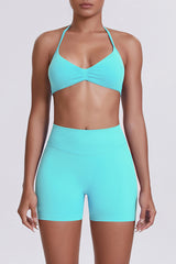 Women Halter Neck Yoga Set: High-Waisted Sculpting Shorts + Backless Sports Bra