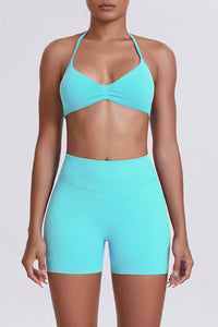Women Halter Neck Yoga Set: High-Waisted Sculpting Shorts + Backless Sports Bra