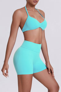 Women Halter Neck Yoga Set: High-Waisted Sculpting Shorts + Backless Sports Bra