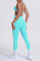 Women Seamless Yoga Set: High-Waisted Sculpting Leggings + Halter Neck Sports Bra