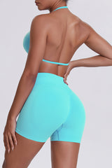 Women Halter Neck Yoga Set: High-Waisted Sculpting Shorts + Backless Sports Bra