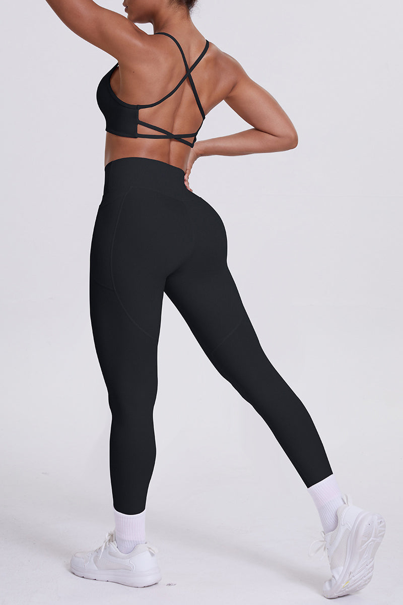 Women High-Waisted Pocket Yoga Set: Seamless Sports Bra + Sculpting Leggings