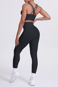 Women Cross-Back Yoga Set: High-Waisted Sculpting Leggings with Pocket + Cloud-Touch Sports Bra