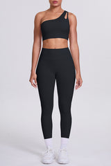 Women One-Shoulder Yoga Set: Naked-Feel High-Waisted Sculpting Leggings + Cross-Back Sports Bra