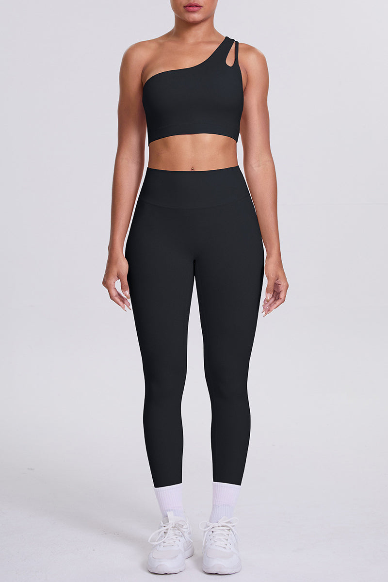 Women One-Shoulder Yoga Set: Naked-Feel High-Waisted Sculpting Leggings + Cross-Back Sports Bra