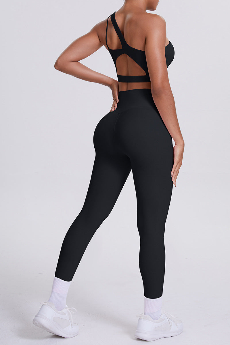 Women One-Shoulder Yoga Set: Naked-Feel High-Waisted Sculpting Leggings + Cross-Back Sports Bra